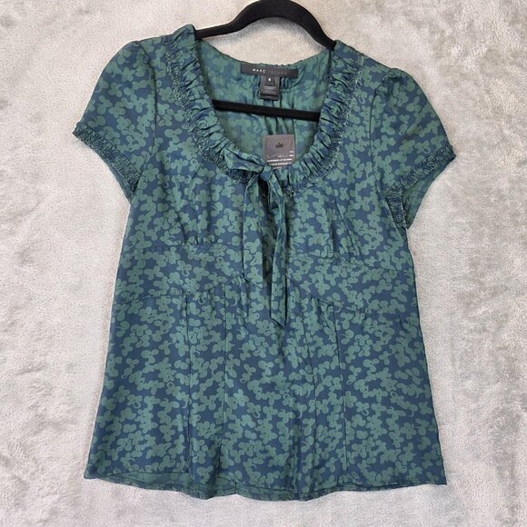 Marc Jacobs Blouse Womens 6 Blue Green Silk Ruffle Neck Short Sleeve Floral Top - Picture 1 of 13